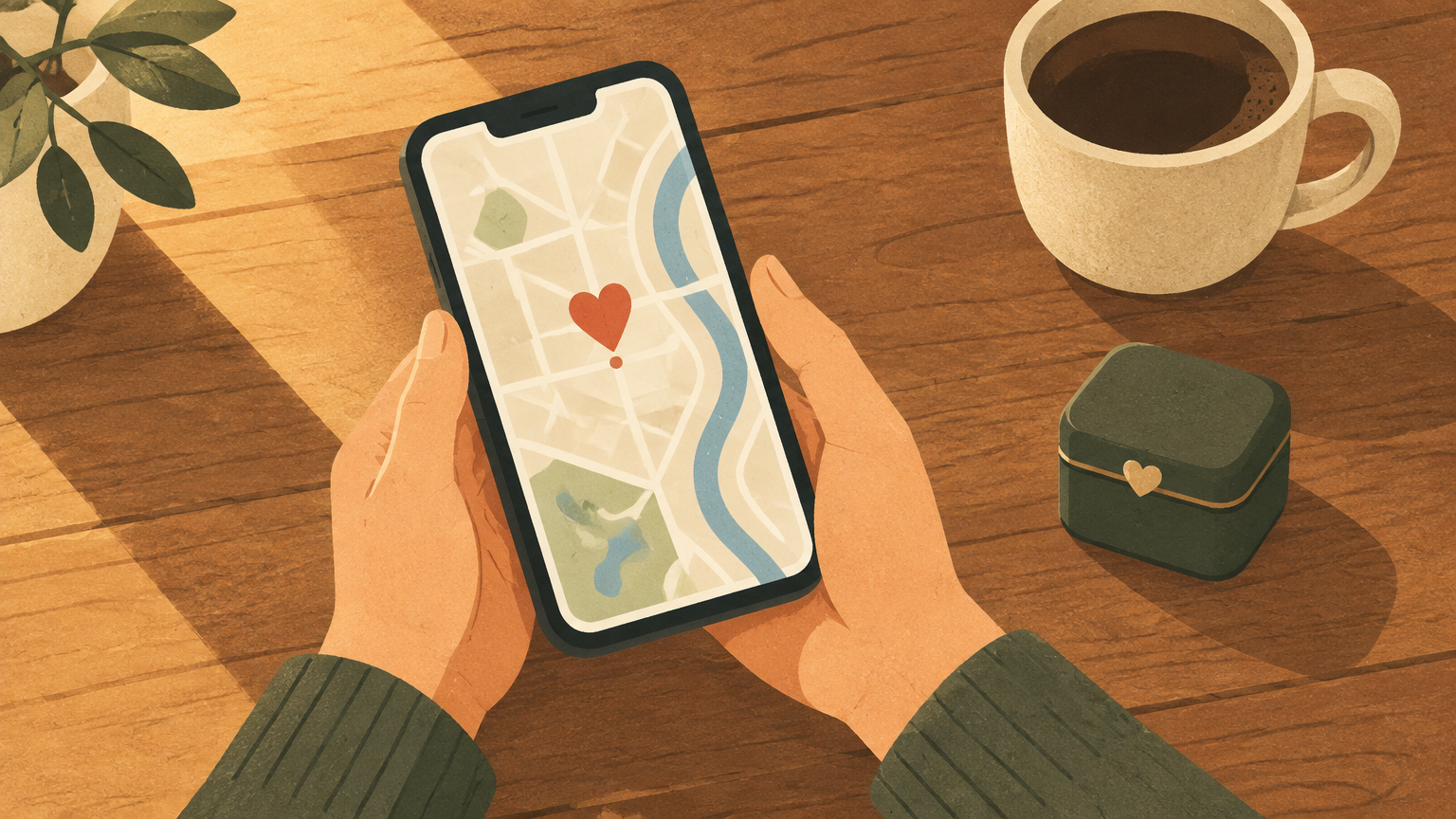 Un móvil muestra un mapa interactivo con un pin en forma de corazón, junto a una cajita de anillo de compromiso sobre una mes