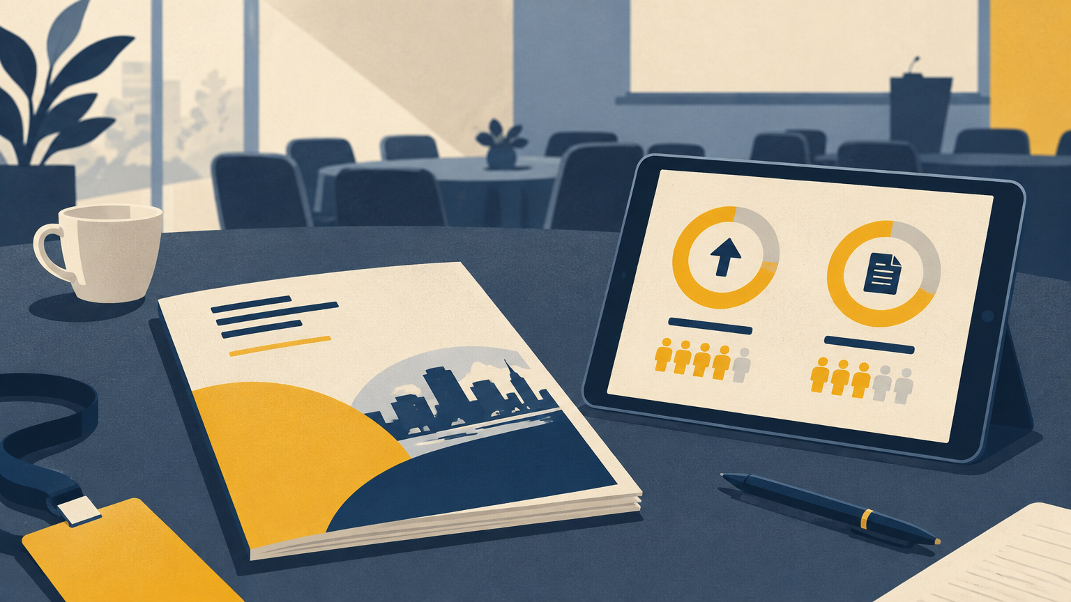 Agenda del Skift Meetings Forum y una tablet en mesa que muestra estadísticas sobre costes y contratos