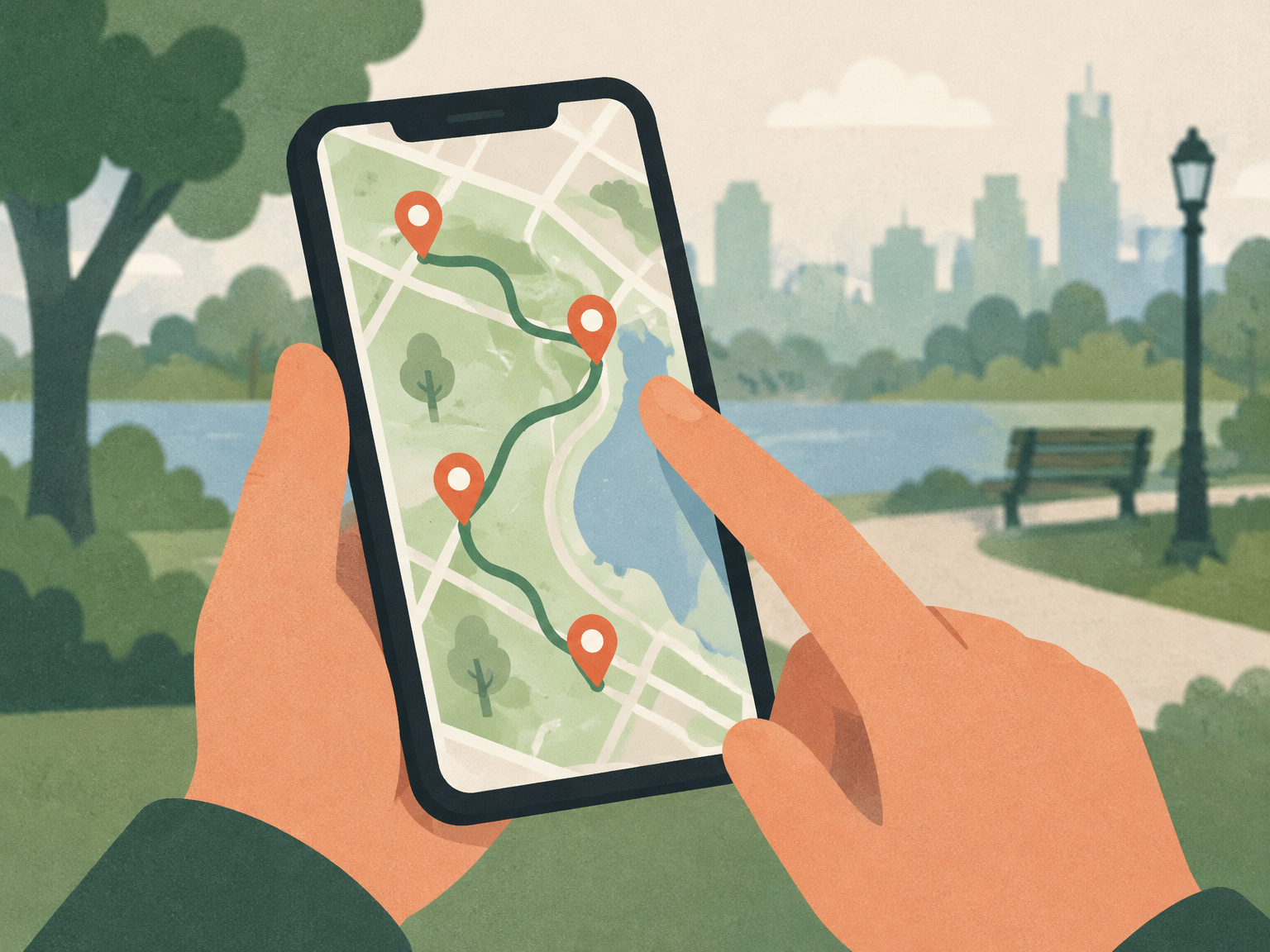 Pantalla de un móvil con un mapa de una gymkana urbana, mostrando varios puntos de control en un parque.