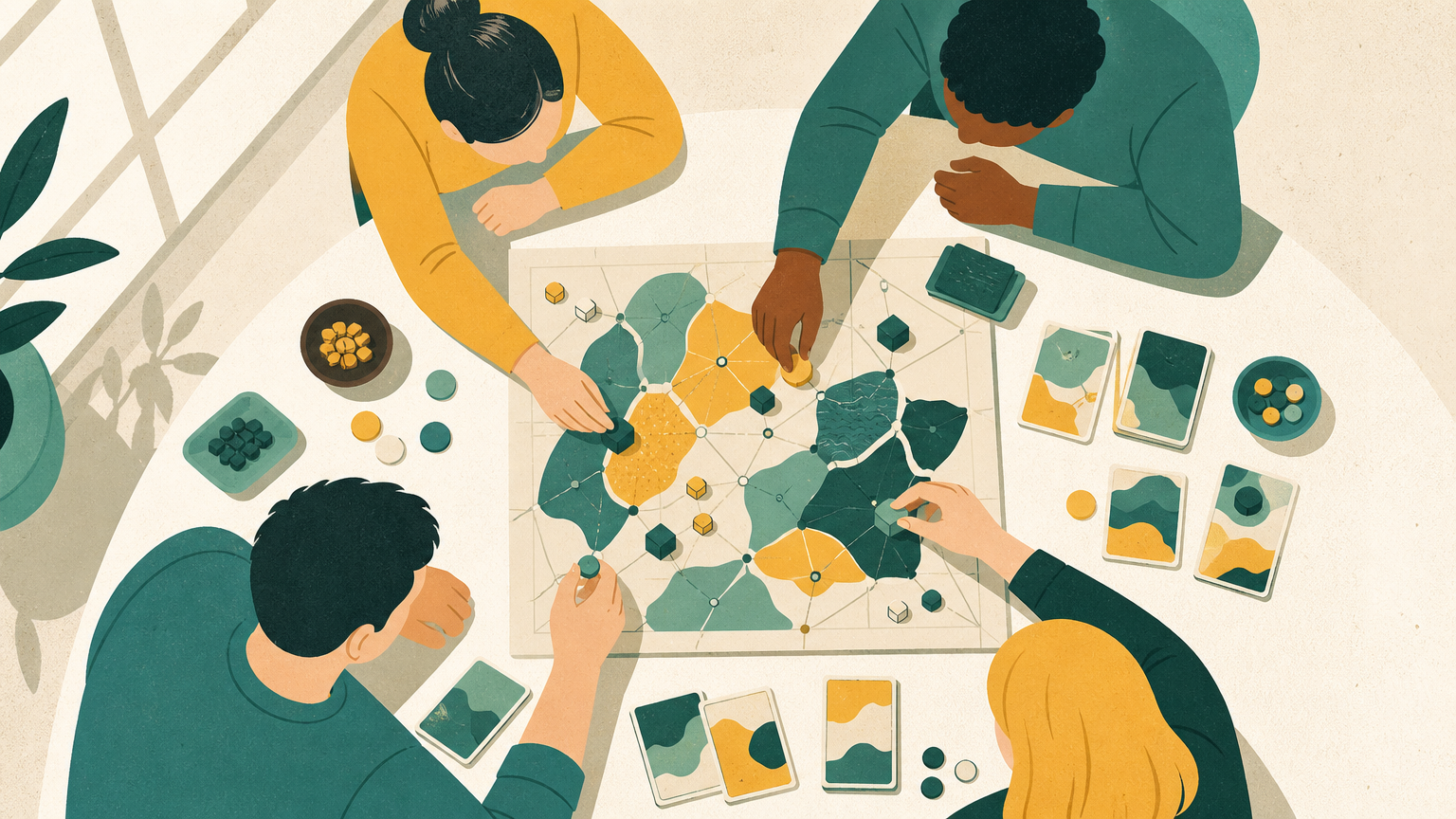 Un equipo colaborando alrededor de una mesa para resolver un complejo juego de estrategia durante una actividad de team build