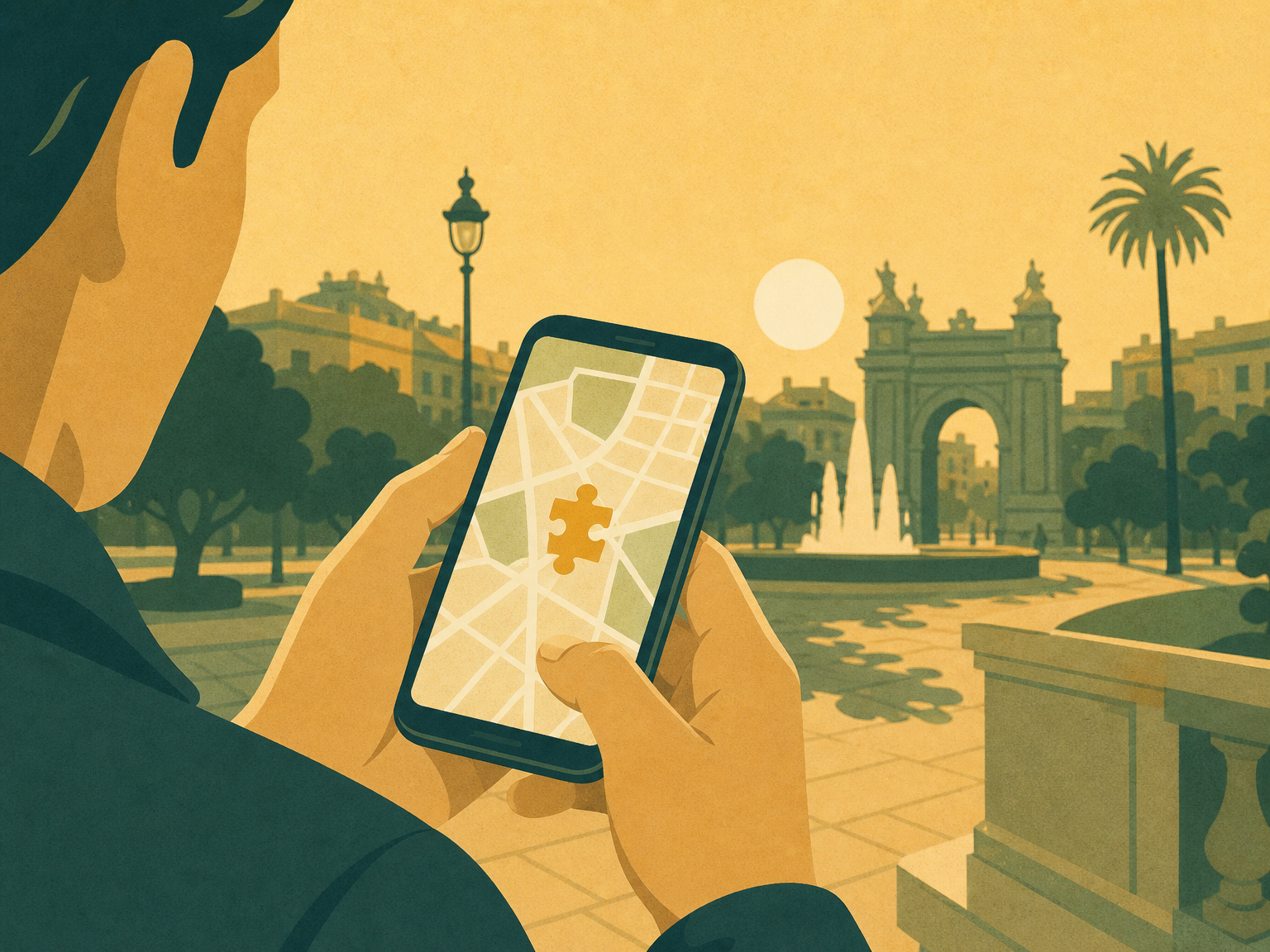 Una persona resolviendo una pista en su móvil durante una yincana con GPS por la ciudad.