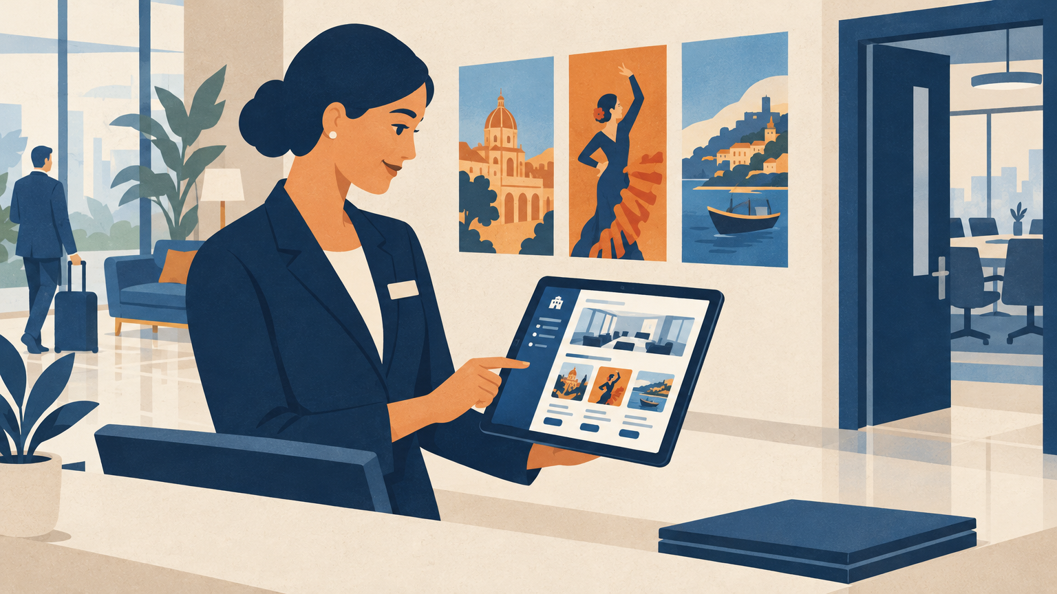 Recepcionista de hotel con tablet mostrando una plataforma B2B de reservas de experiencias y carteles de eventos al fondo