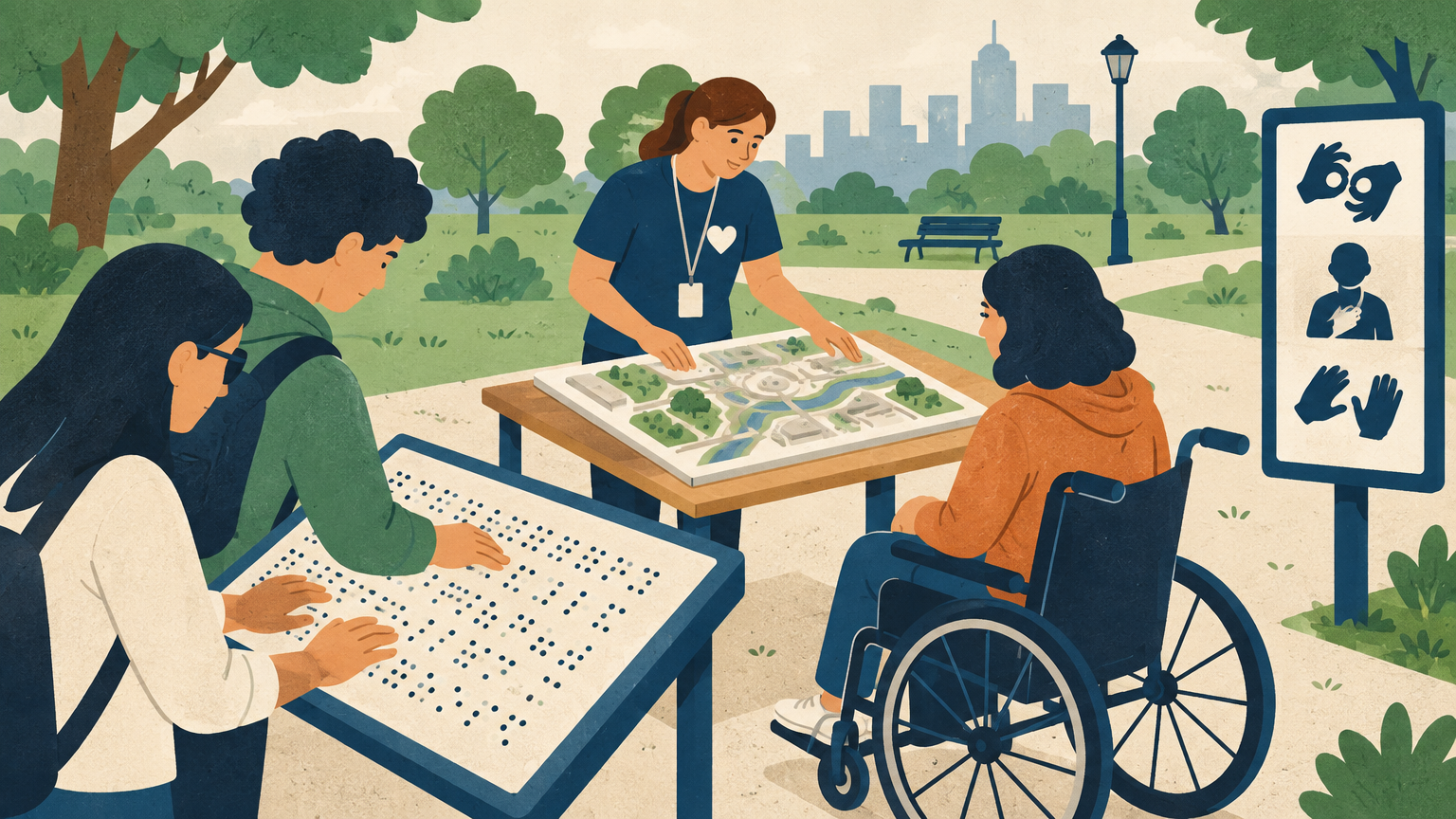 Manos tocando un panel de Braille junto a un mapa táctil y una silla de ruedas en un parque