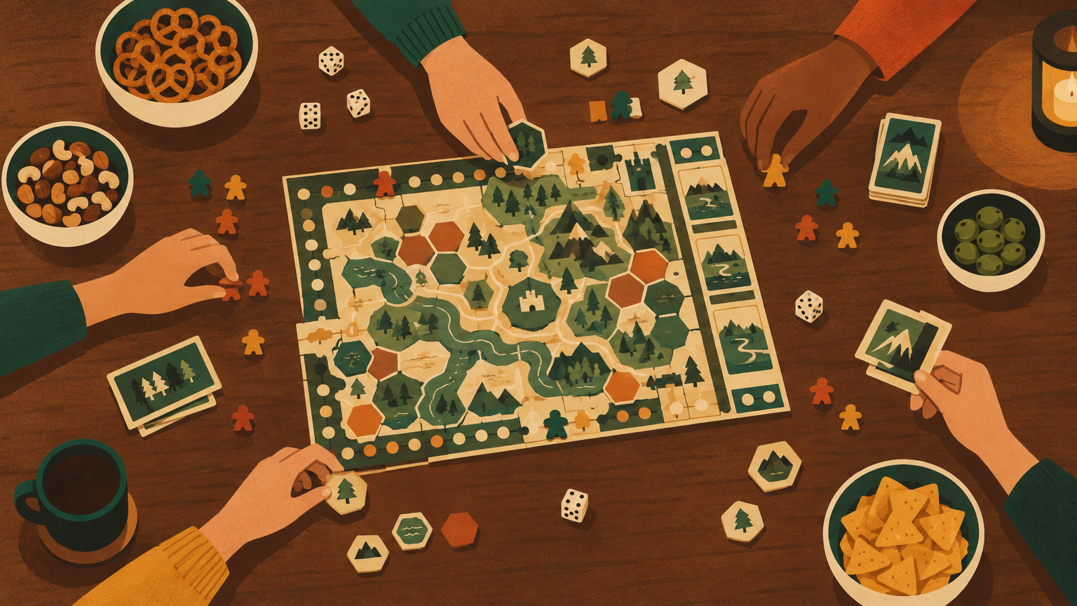 Manos de varias personas jugando a un juego de mesa sobre una mesa de madera con aperitivos.