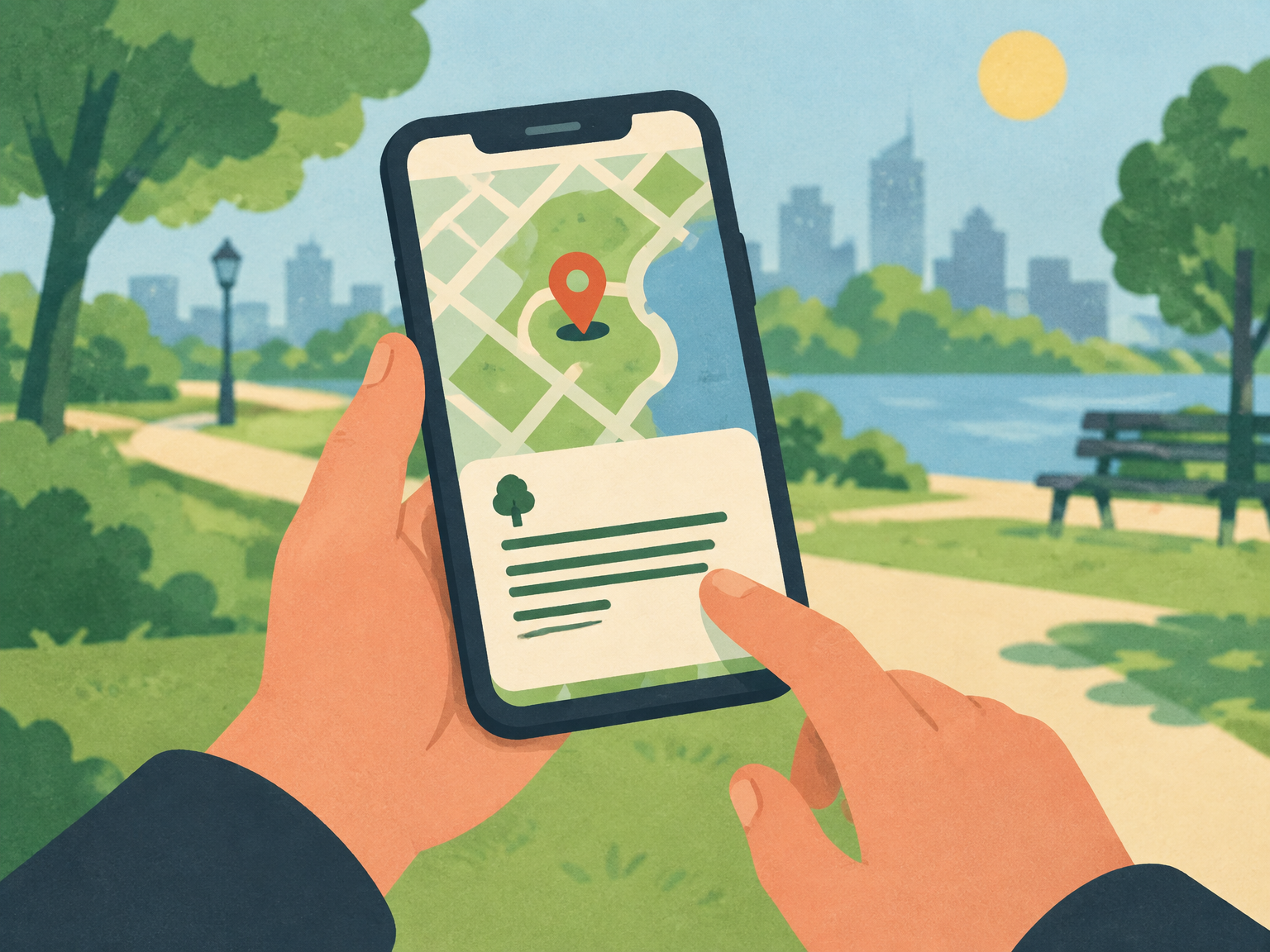 Móvil mostrando una prueba de una gymkana digital con un mapa y un acertijo en un parque.