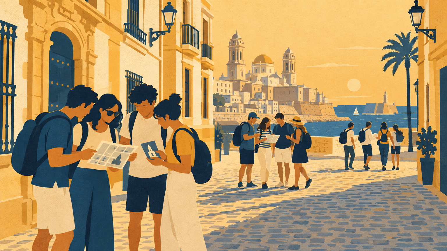 Equipos de cuatro personas con mapas y pistas recorren las calles históricas de Cádiz durante una yincana