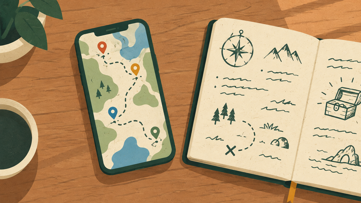 Un móvil muestra una ruta con varias paradas en Google Maps sobre una mesa, junto a un cuaderno con notas manuscritas para un