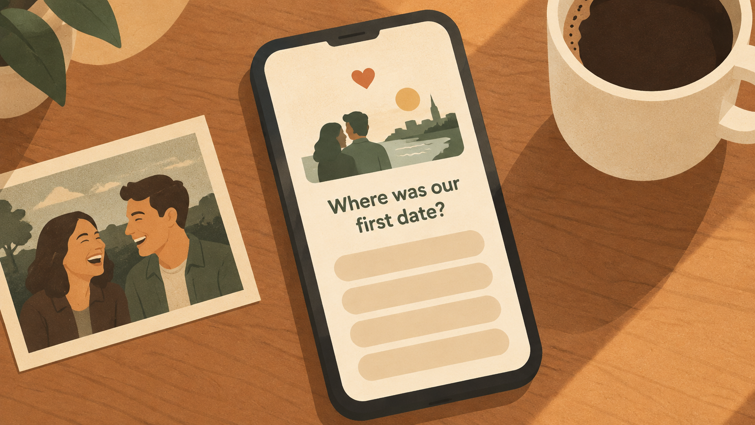 Primer plano de un móvil mostrando un juego de preguntas de aniversario sobre una mesa de madera, junto a una taza de café y 