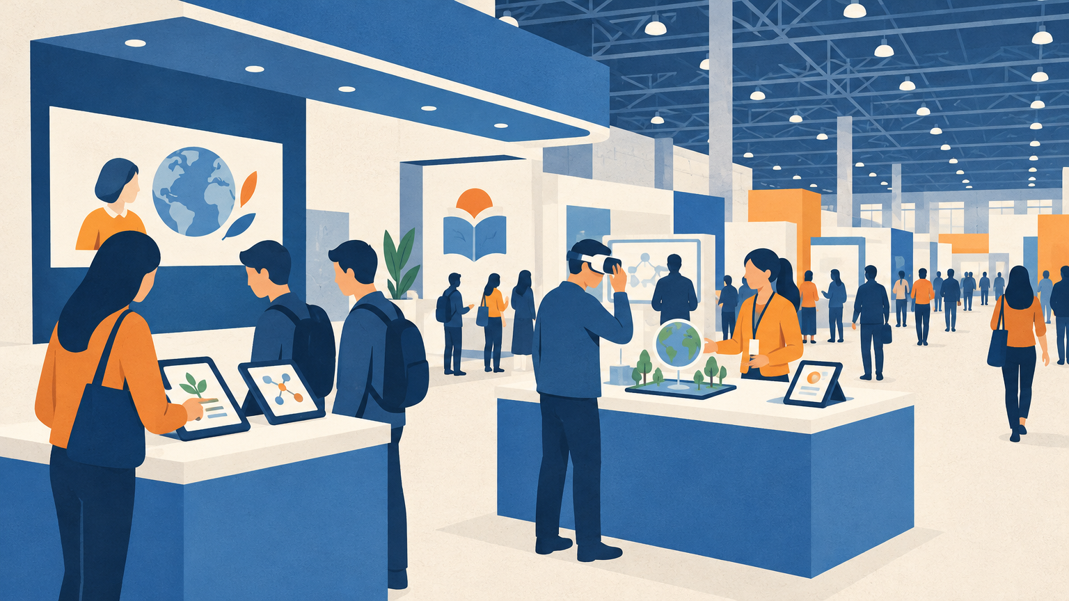 Stand en IFEMA con estaciones de demo, tablets y un casco de realidad aumentada, visitantes sin identificar