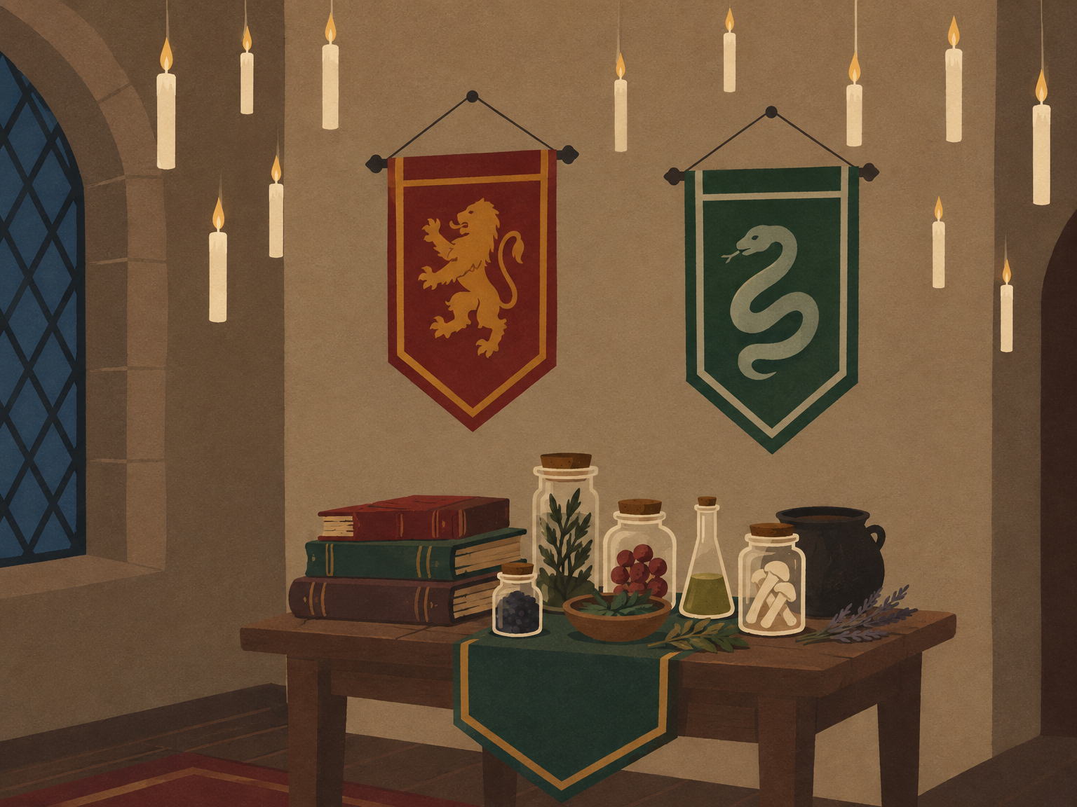 Rincón de una habitación decorado con banderines de las casas de Hogwarts, velas flotantes y una mesa con botes de pociones.